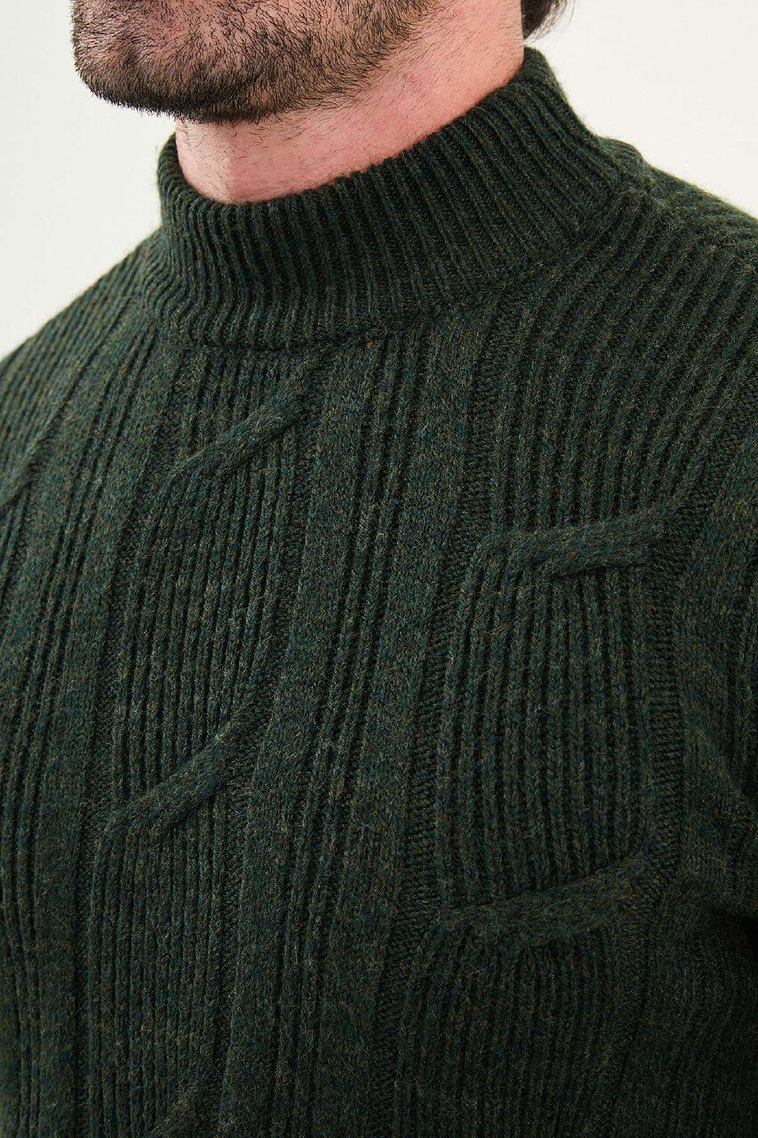 AXIST khaki green slim fit cable-knit mock neck sweater