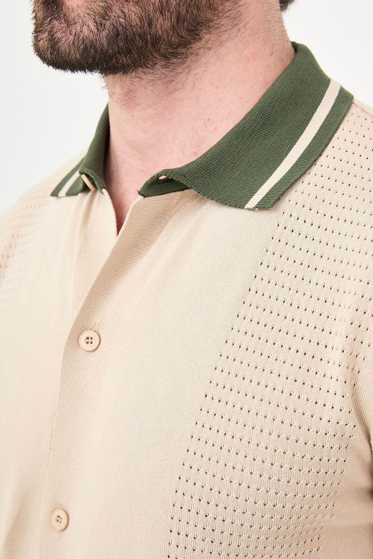 Men’s beige short sleeve knit polo shirt with button front, green tipped collar, textured side panels, slim fit smart casual style