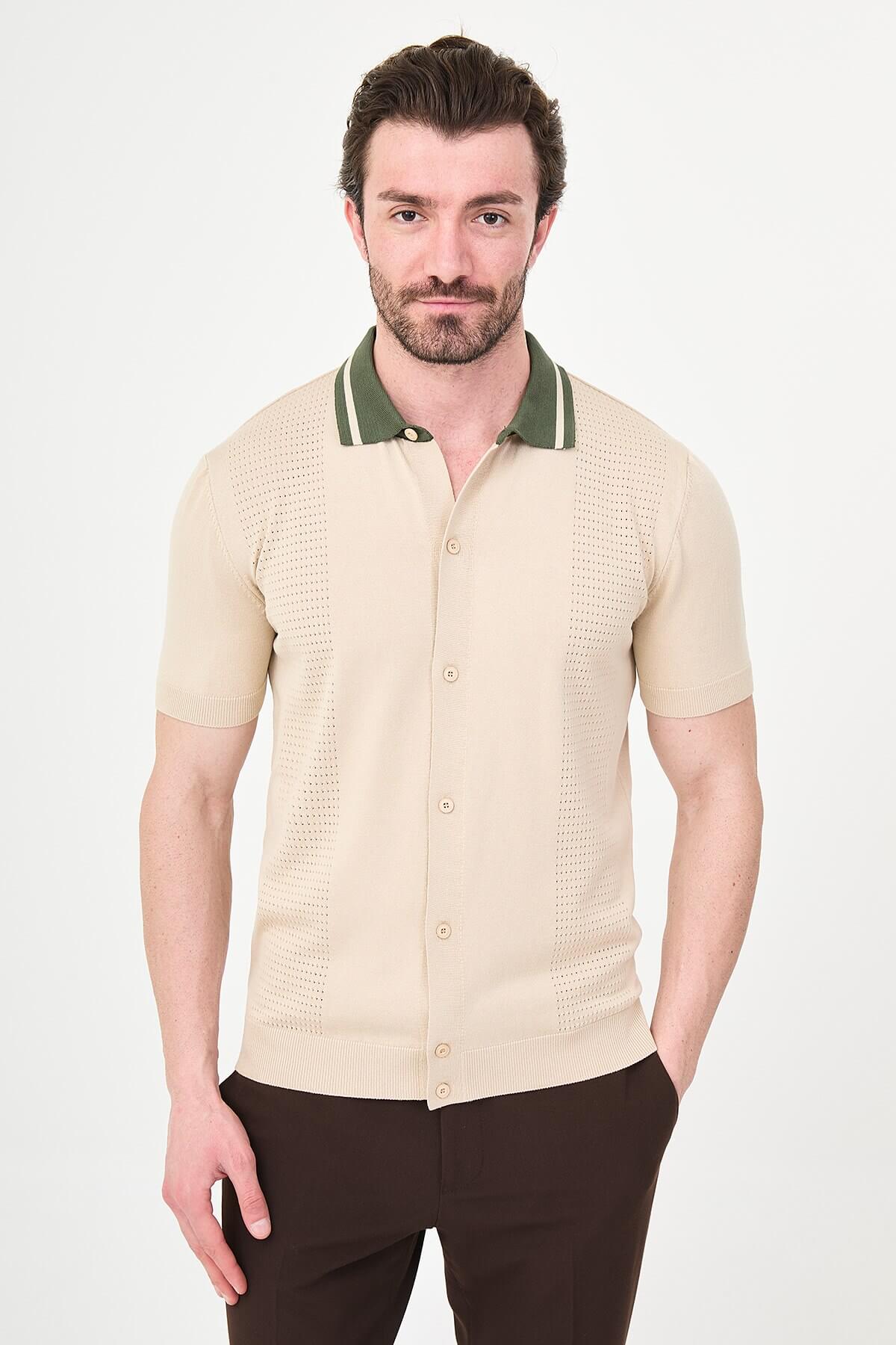Men’s beige short sleeve knit polo shirt with button front, green tipped collar, textured side panels, slim fit smart casual style