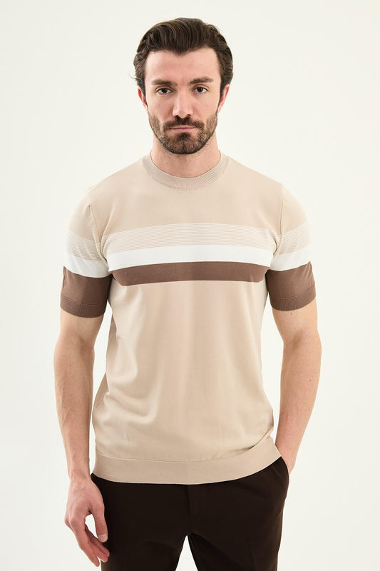 Men’s beige slim fit striped knit t-shirt with white and brown horizontal stripes modern smart casual style