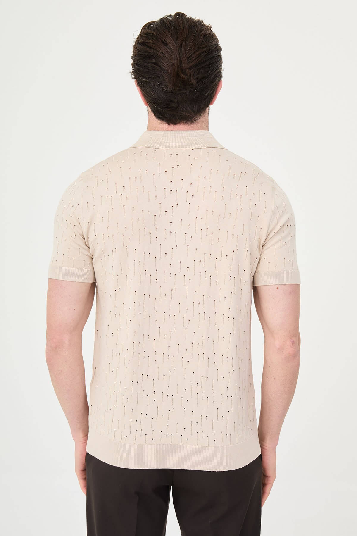 Men’s beige slim fit polo collar zippered knit t-shirt with short sleeves, breathable viscose stretch fabric, smart casual style