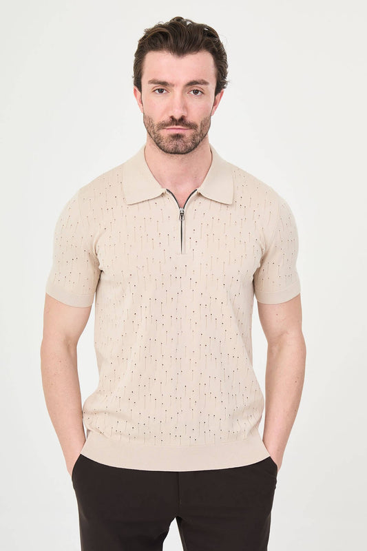 Men’s beige slim fit polo collar zippered knit t-shirt with short sleeves, breathable viscose stretch fabric, smart casual style