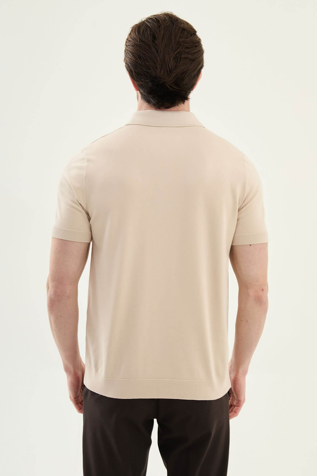 Men’s beige textured knit polo shirt with zip collar, slim fit, breathable cotton blend, modern smart casual style