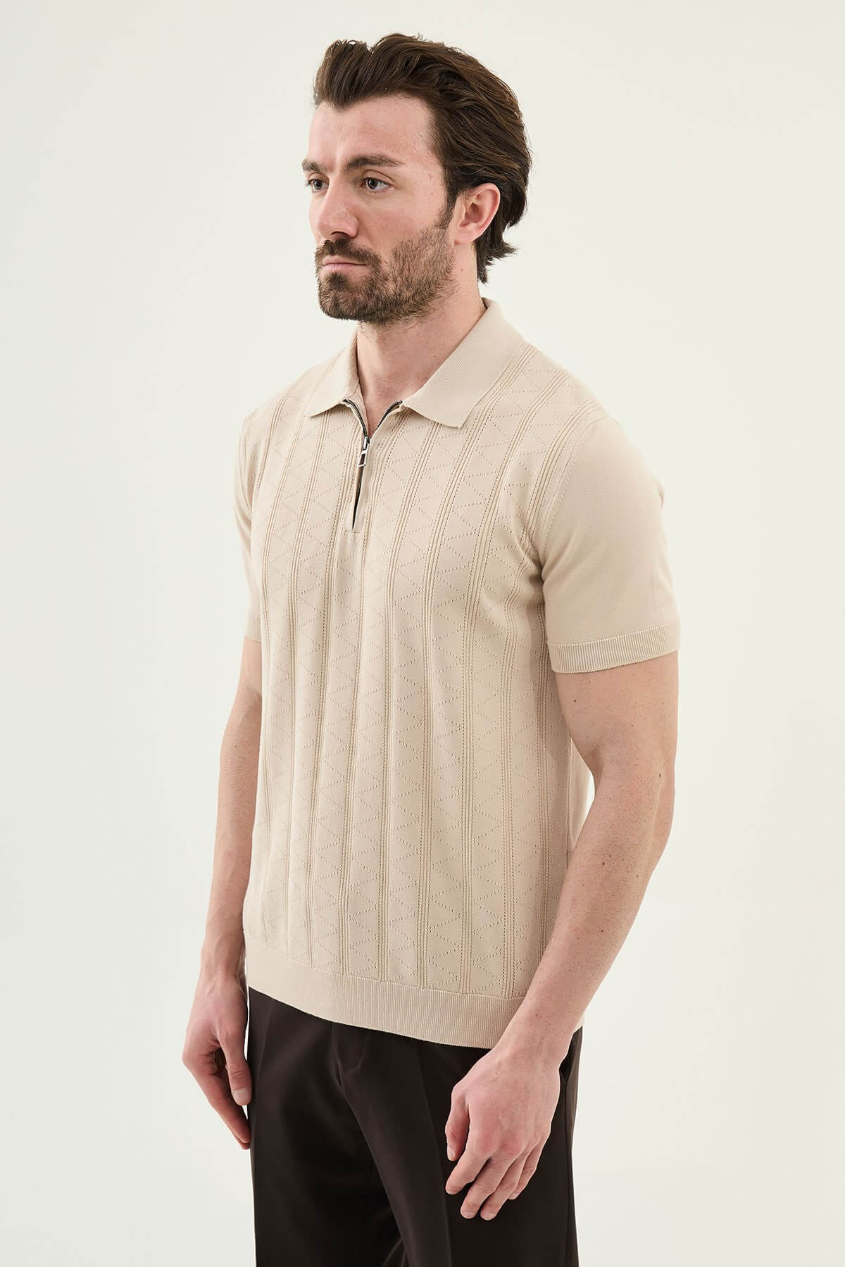 Men’s beige textured knit polo shirt with zip collar, slim fit, breathable cotton blend, modern smart casual style