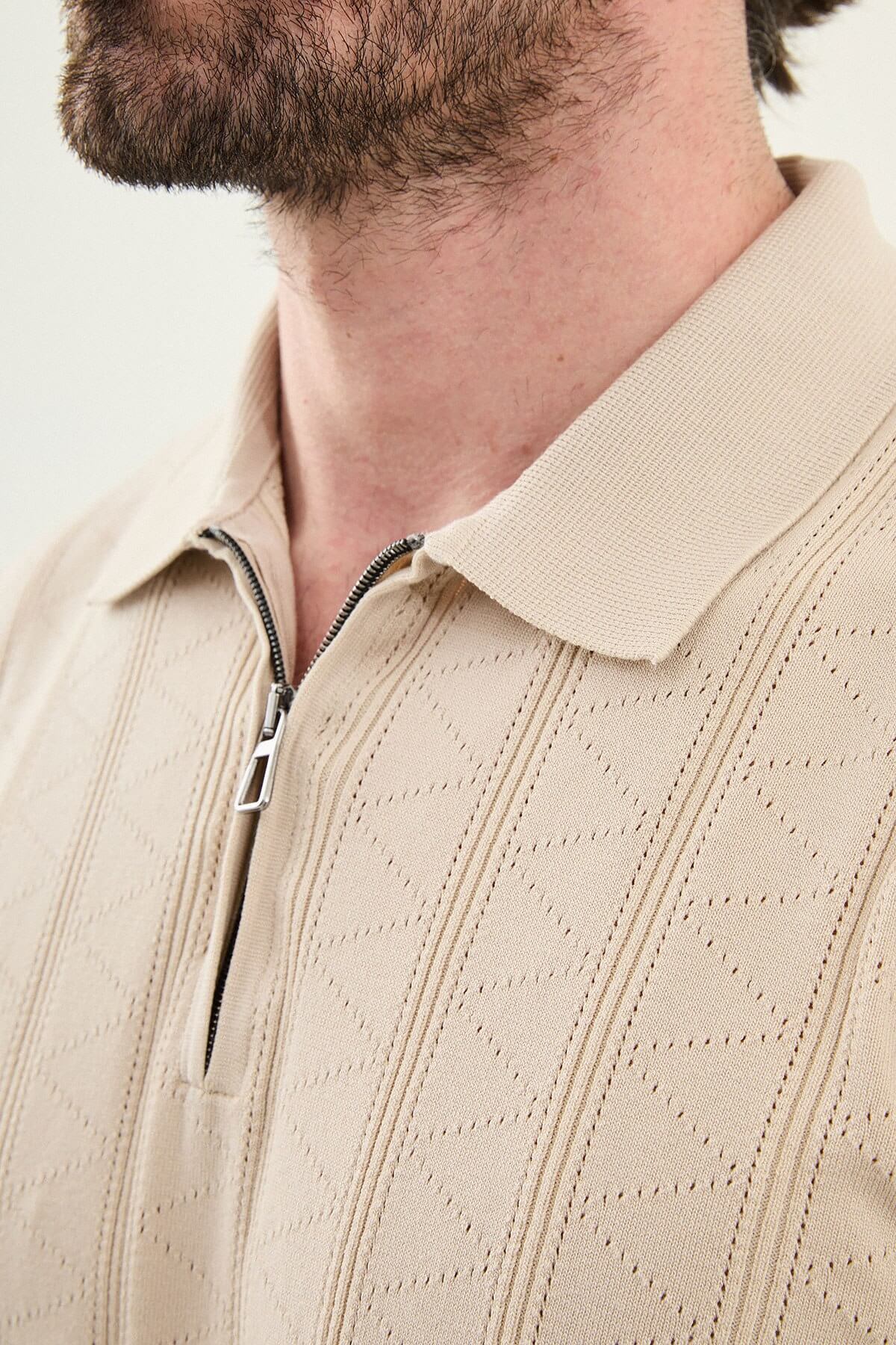 Men’s beige textured knit polo shirt with zip collar, slim fit, breathable cotton blend, modern smart casual style