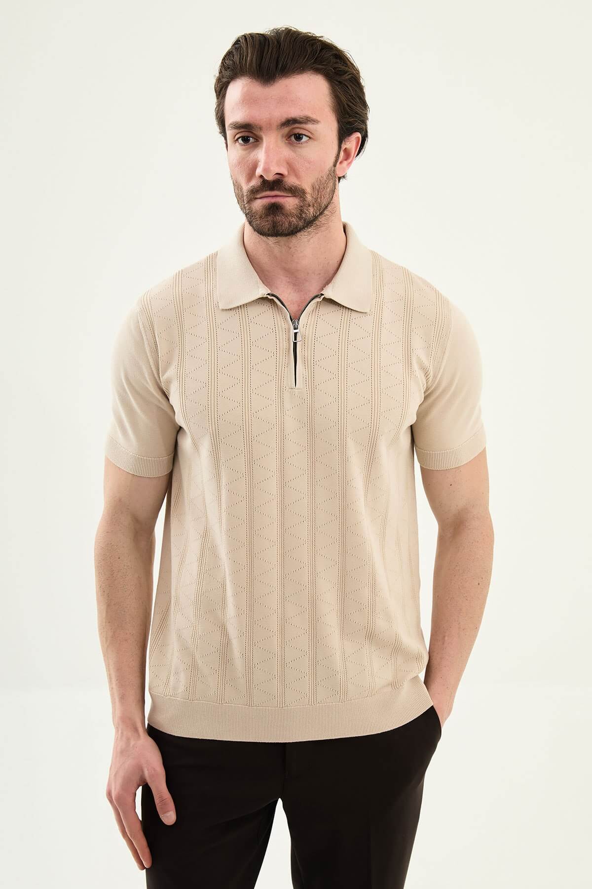 Men’s beige textured knit polo shirt with zip collar, slim fit, breathable cotton blend, modern smart casual style