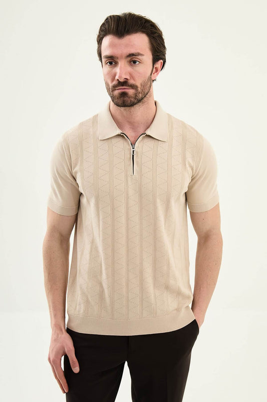 Men’s beige textured knit polo shirt with zip collar, slim fit, breathable cotton blend, modern smart casual style