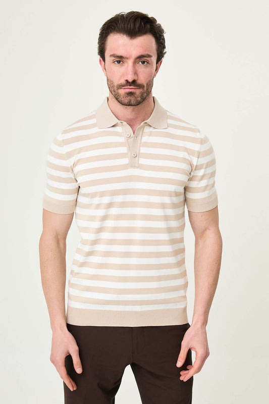 Men’s beige and white striped knit polo shirt with short sleeves, slim fit, breathable cotton fabric, smart casual summer outfit
