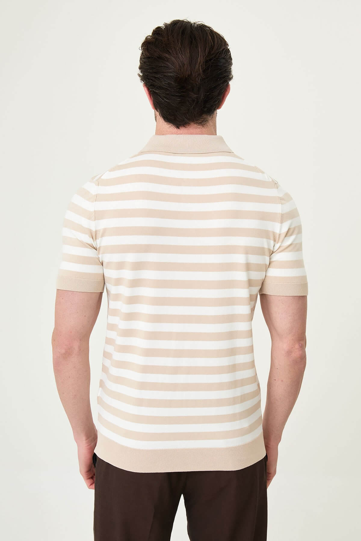 Men’s beige and white striped knit polo shirt with short sleeves, slim fit, breathable cotton fabric, smart casual summer outfit