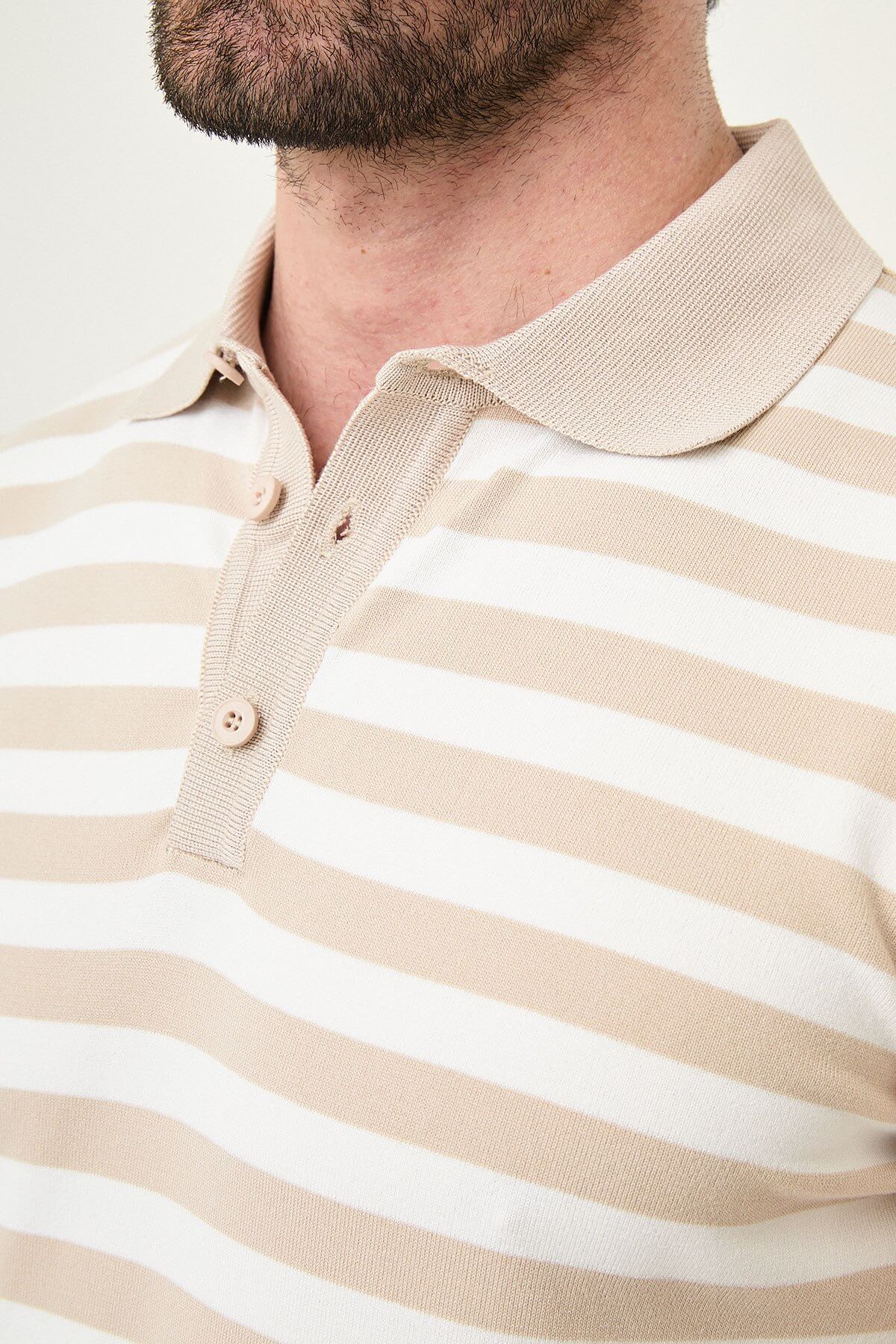 Men’s beige and white striped knit polo shirt with short sleeves, slim fit, breathable cotton fabric, smart casual summer outfit