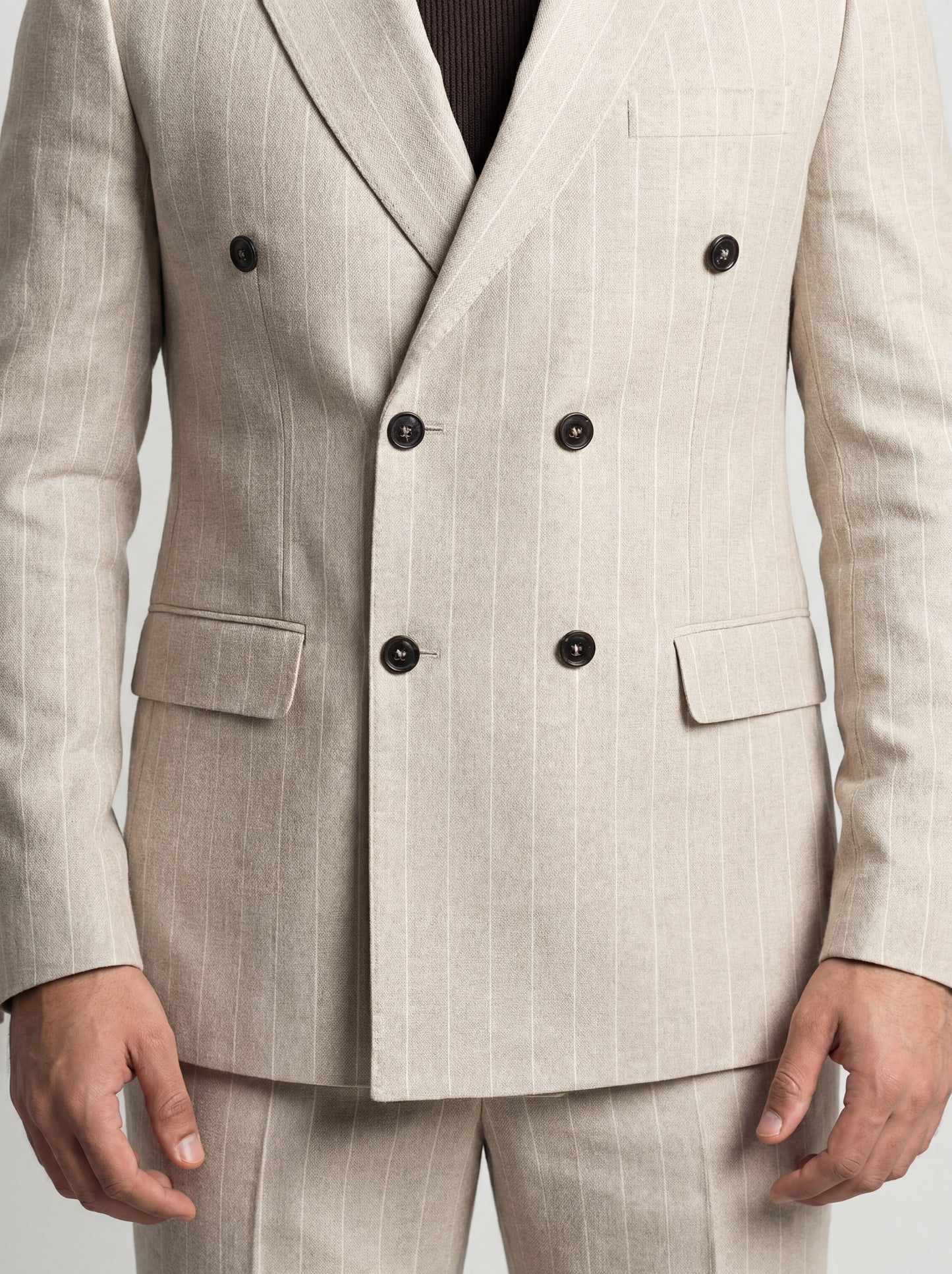 Beige Double-Breasted Pinstripe Prom Suit.