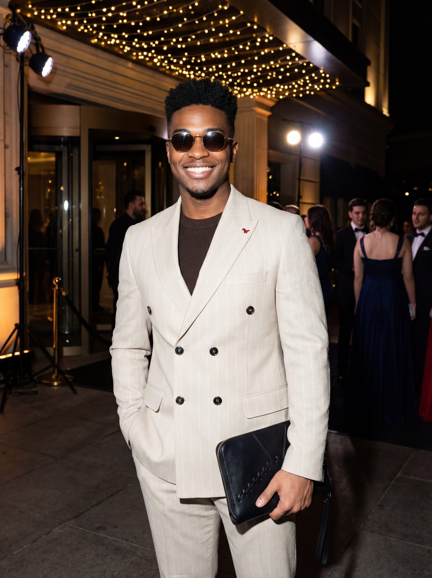 Beige Double-Breasted Pinstripe Prom Suit.