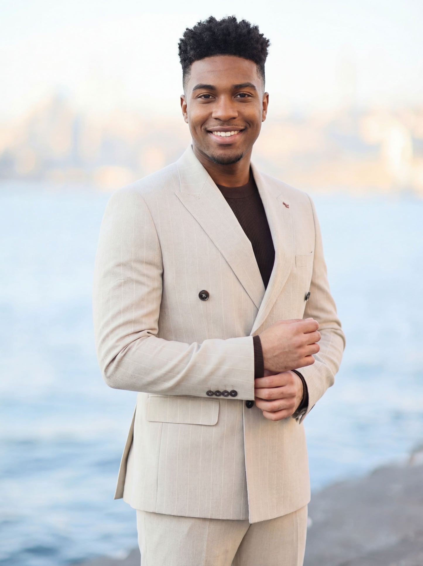 Beige Double-Breasted Pinstripe Prom Suit.