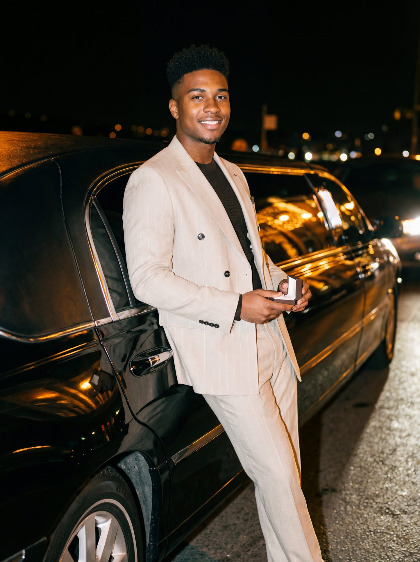 Beige Double-Breasted Pinstripe Prom Suit.