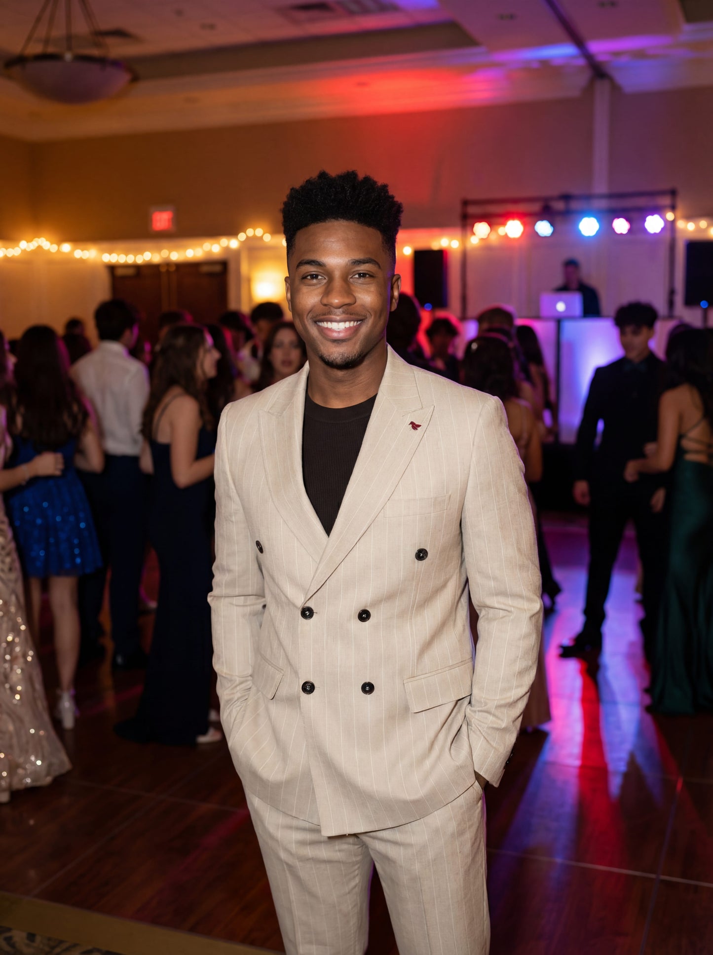 Beige Double-Breasted Pinstripe Prom Suit.