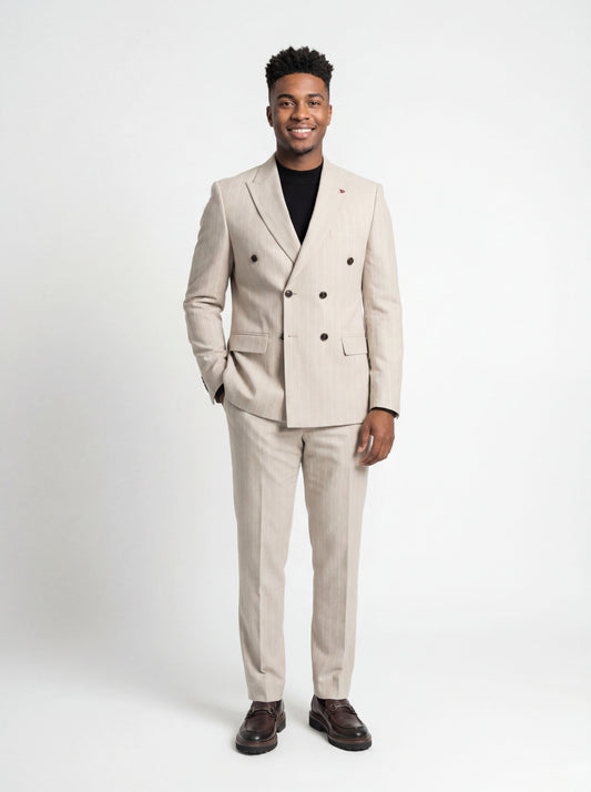 Beige Double-Breasted Pinstripe Prom Suit.