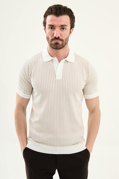 Men's Beige Slim Fit Textured Knit Polo Shirt HolloMen Men's Beige Slim Fit Textured Knit Polo Shirt HolloMen