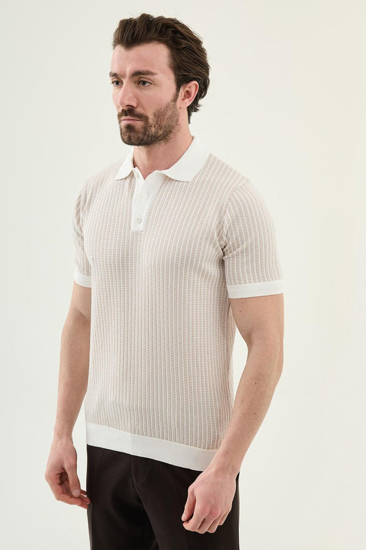 Men’s beige slim fit textured knit polo shirt with vertical pattern and contrast collar smart casual summer style