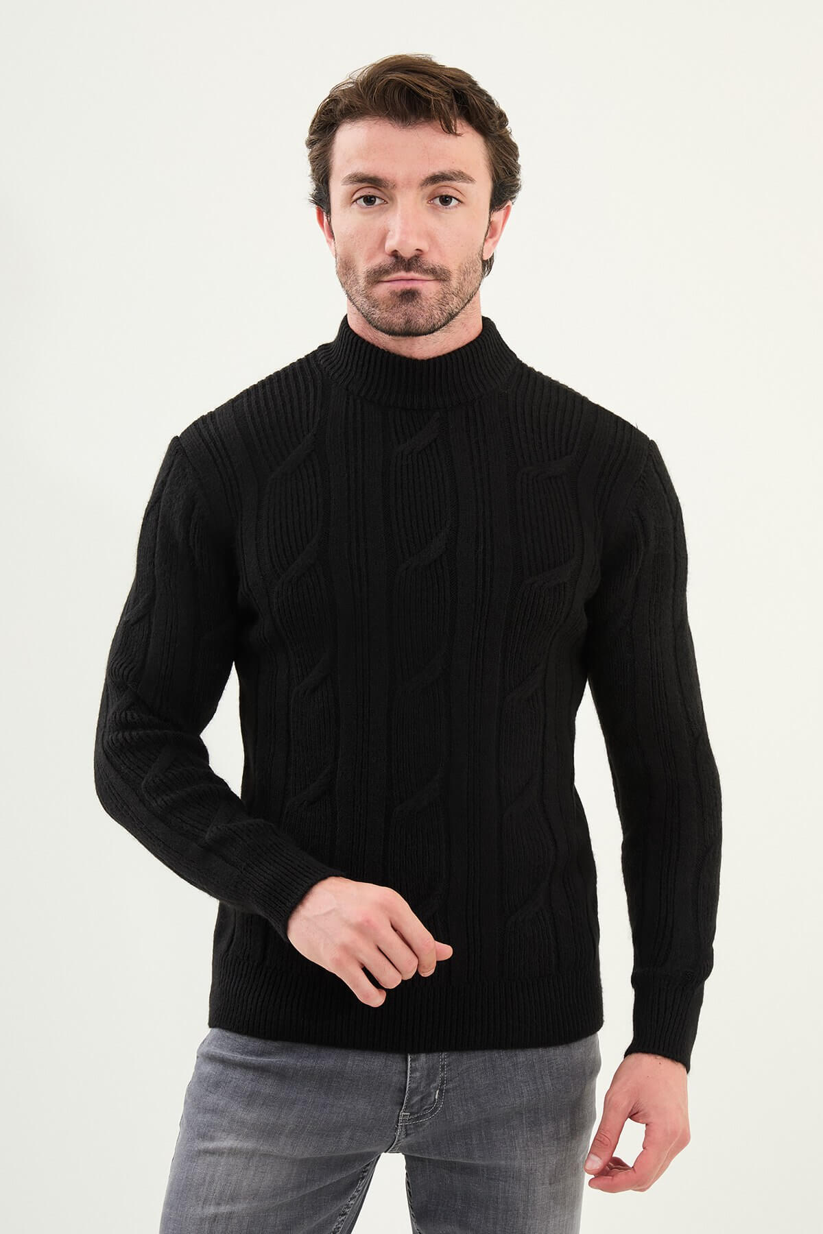 AXIST black slim fit cable-knit mock neck sweater
