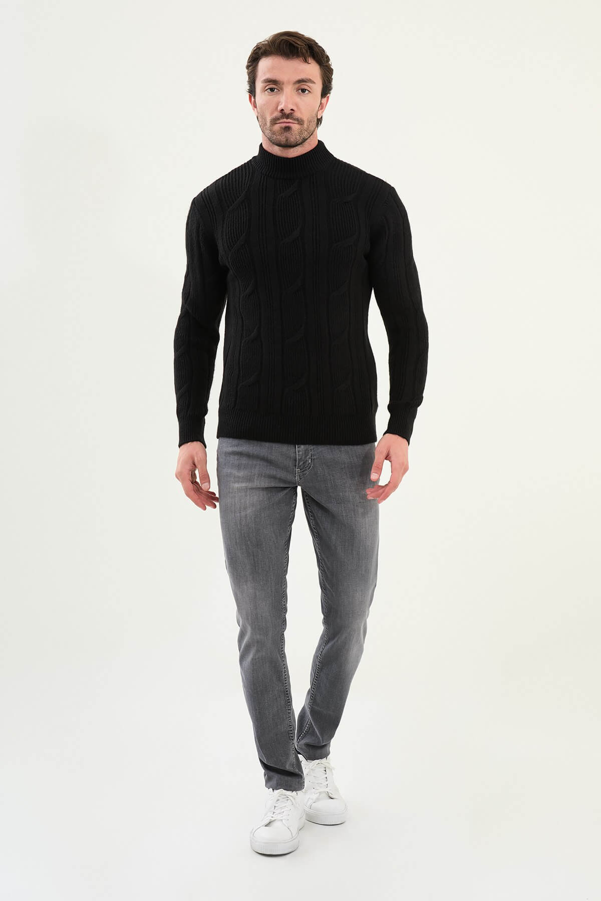 AXIST Black Cable-Knit Mock Neck Sweater. – HolloMen