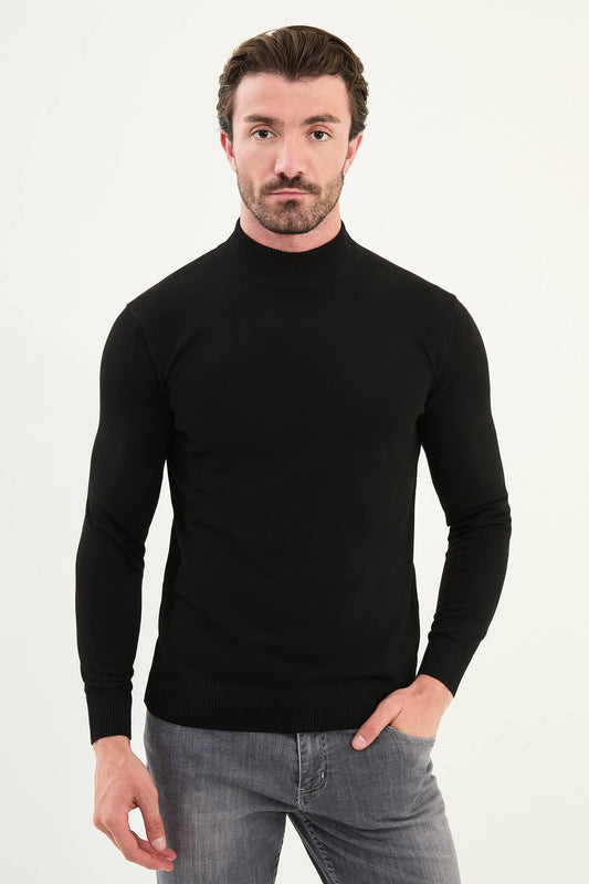A men’s slim fit black half-turtleneck sweater with long sleeves, styled for the fall-winter season.