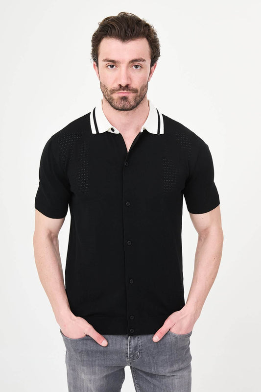 Men’s black short sleeve knit polo shirt with button front, contrast collar, textured breathable fabric, slim fit smart casual style