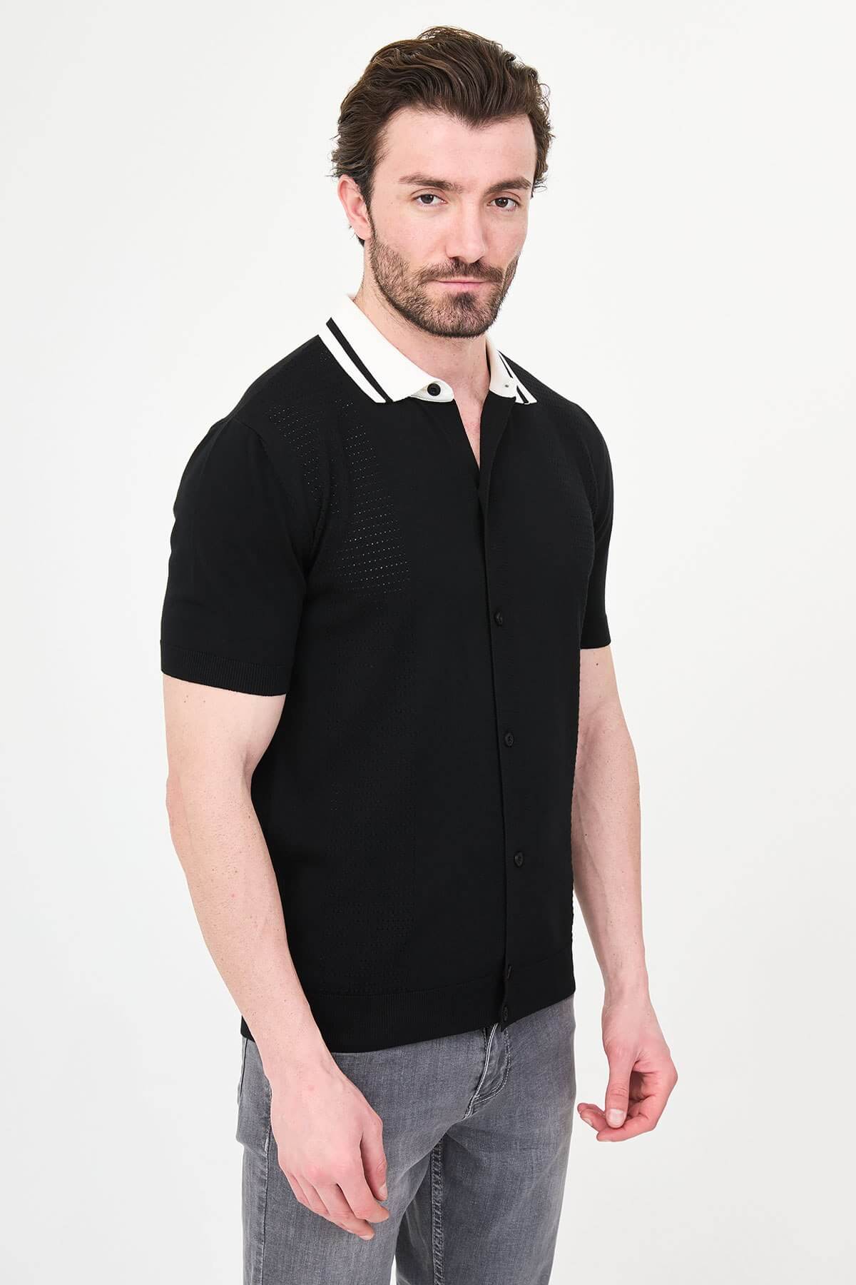 Men’s black short sleeve knit polo shirt with button front, contrast collar, textured breathable fabric, slim fit smart casual style