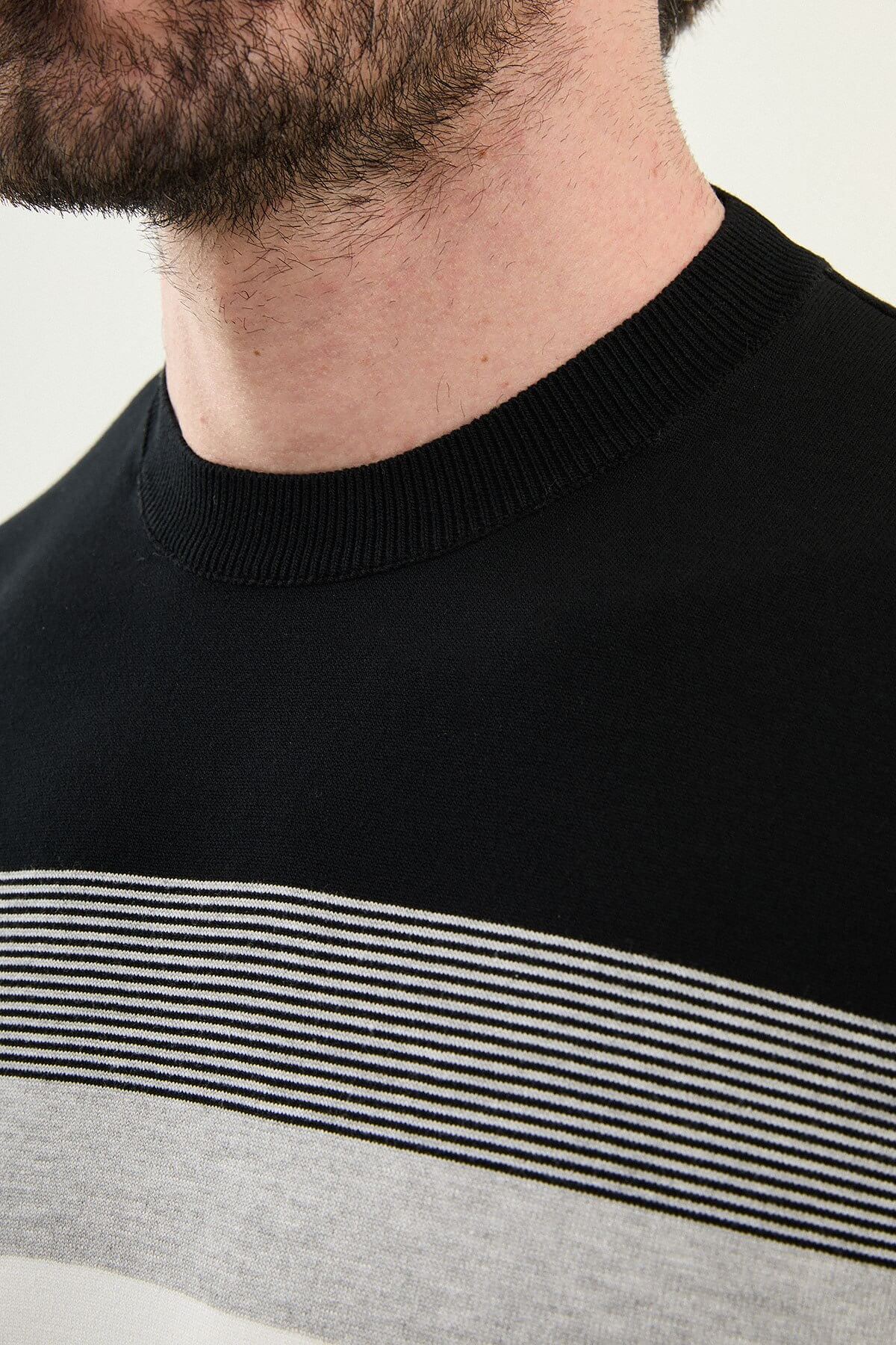 Men’s black slim fit striped knit t-shirt with white and grey horizontal stripes modern casual style