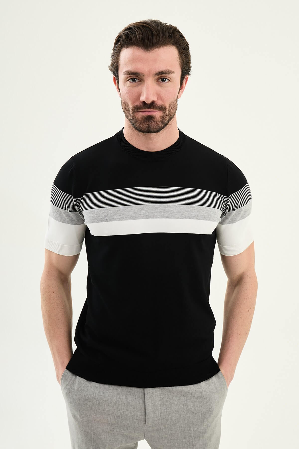Men’s black slim fit striped knit t-shirt with white and grey horizontal stripes modern casual style