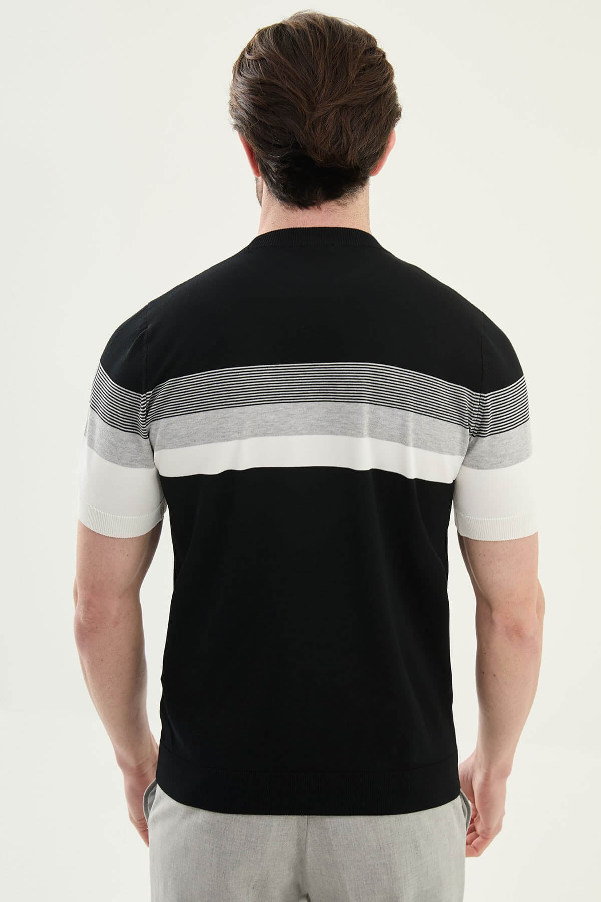 Men’s black slim fit striped knit t-shirt with white and grey horizontal stripes modern casual style