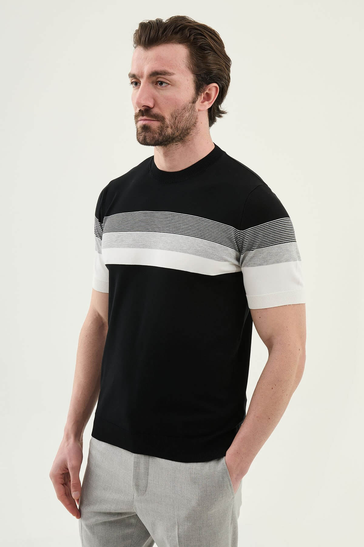 Men’s black slim fit striped knit t-shirt with white and grey horizontal stripes modern casual style