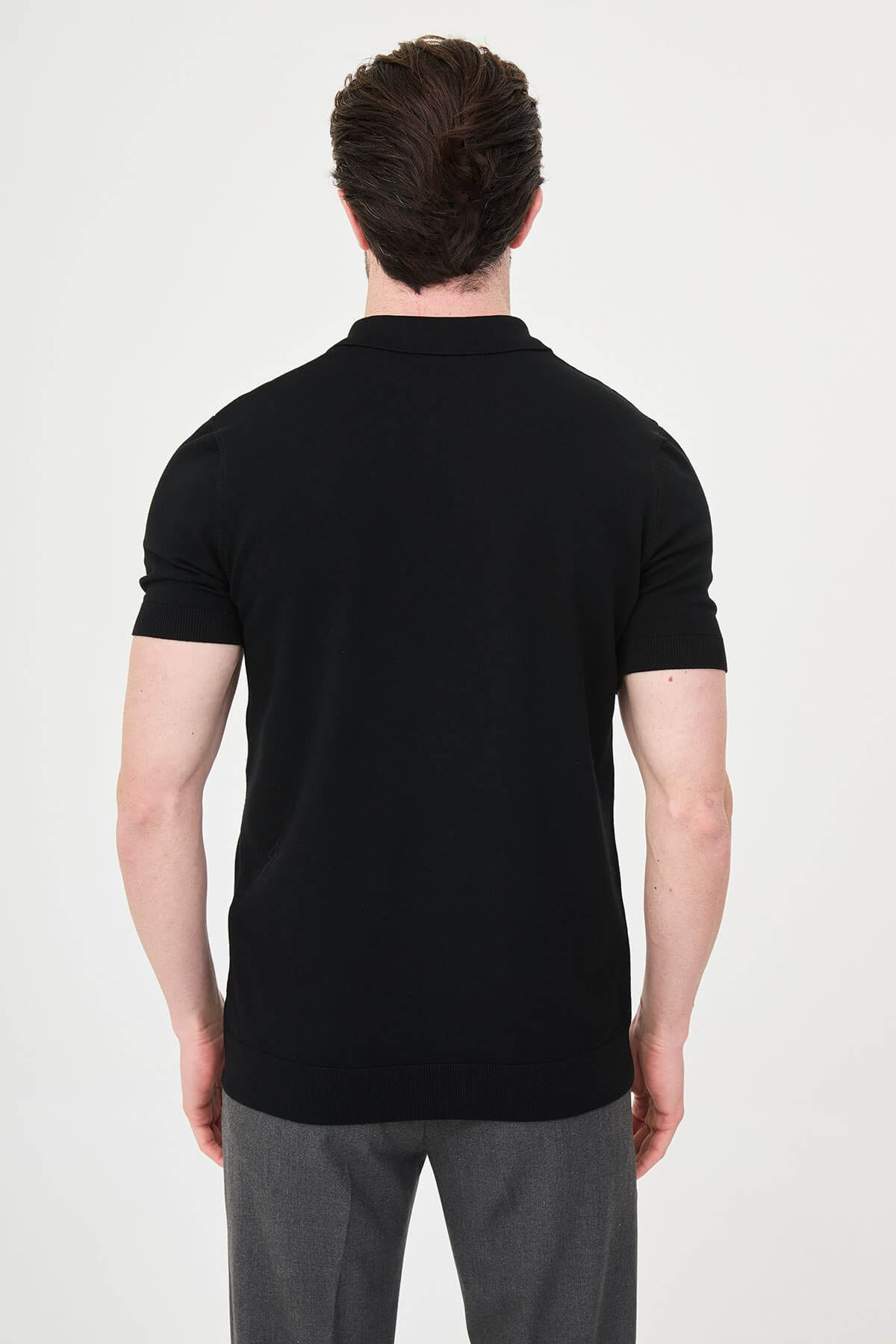 Men’s black slim fit short sleeve knitwear shirt with button-up front, lightweight viscose fabric, modern smart casual style