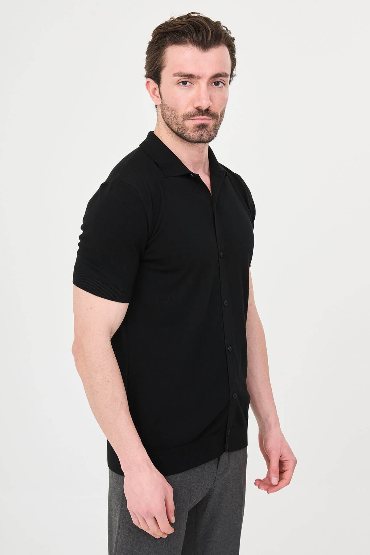 Men’s black slim fit short sleeve knitwear shirt with button-up front, lightweight viscose fabric, modern smart casual style
