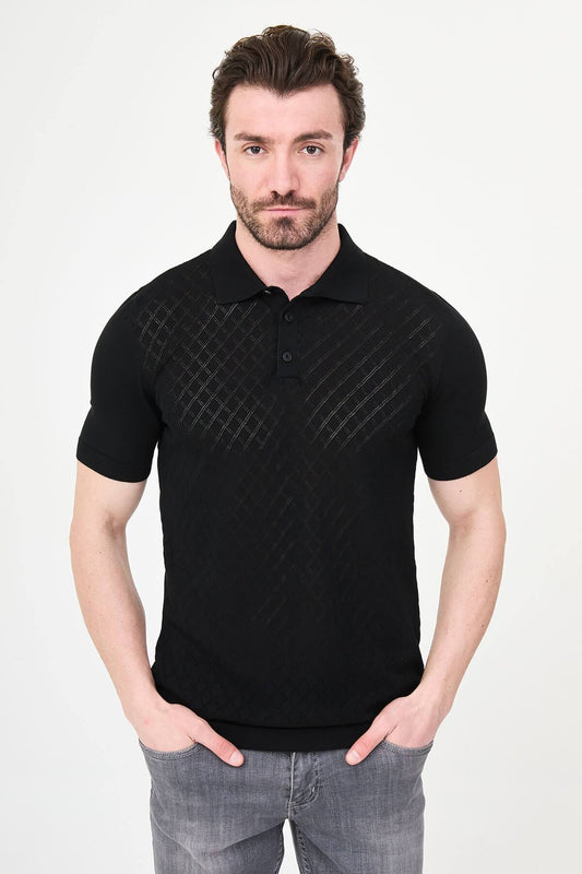Men’s black slim fit knit polo T-shirt with textured diamond pattern, short sleeves, tailored fit, smart casual style