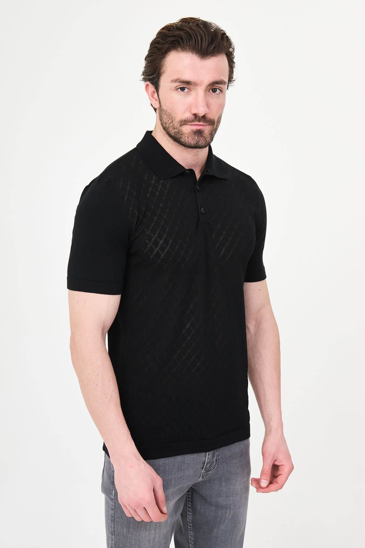 Men’s black slim fit knit polo T-shirt with textured diamond pattern, short sleeves, tailored fit, smart casual style