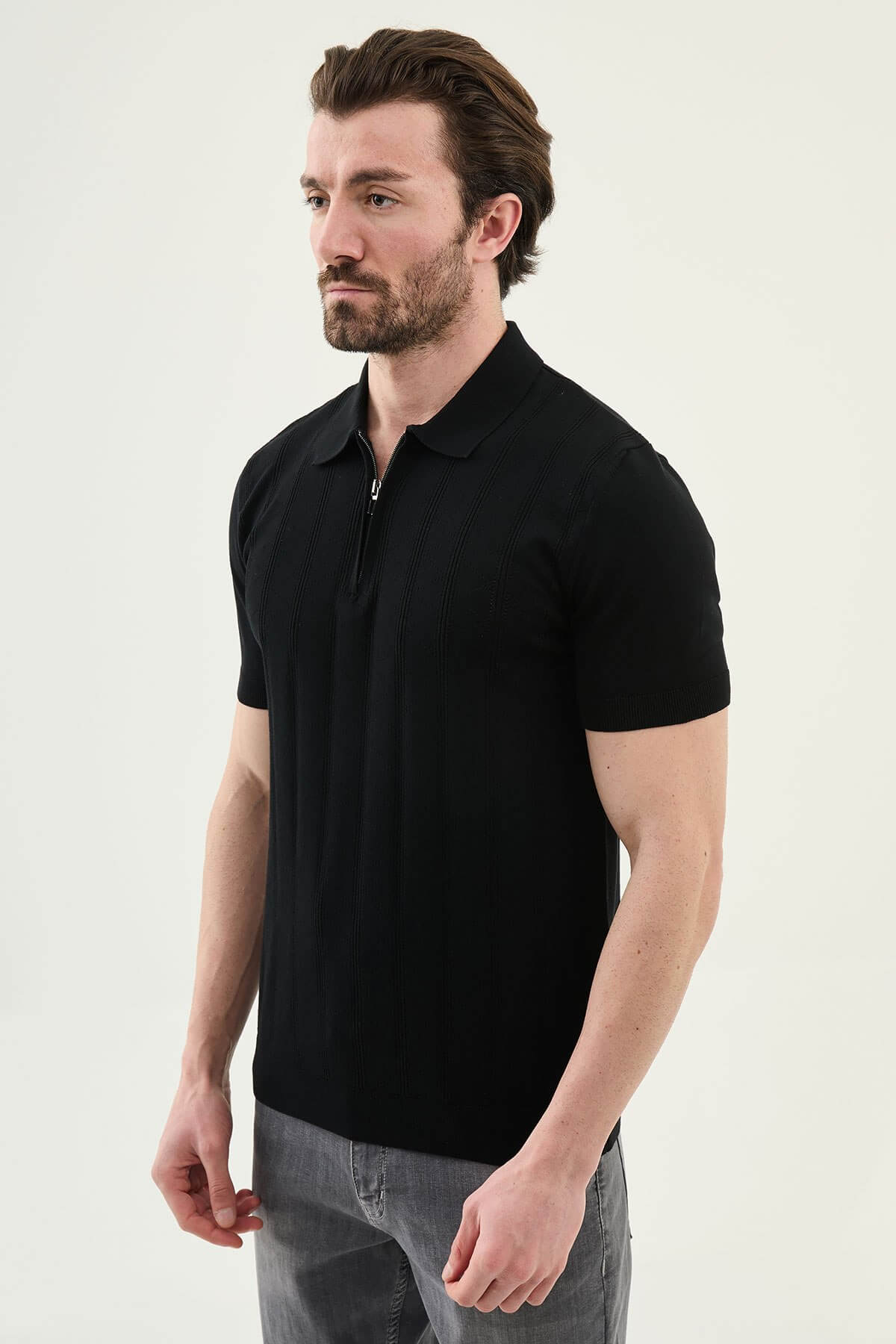 Men’s black textured knit polo shirt with zip collar, slim fit, breathable cotton blend, modern smart casual style
