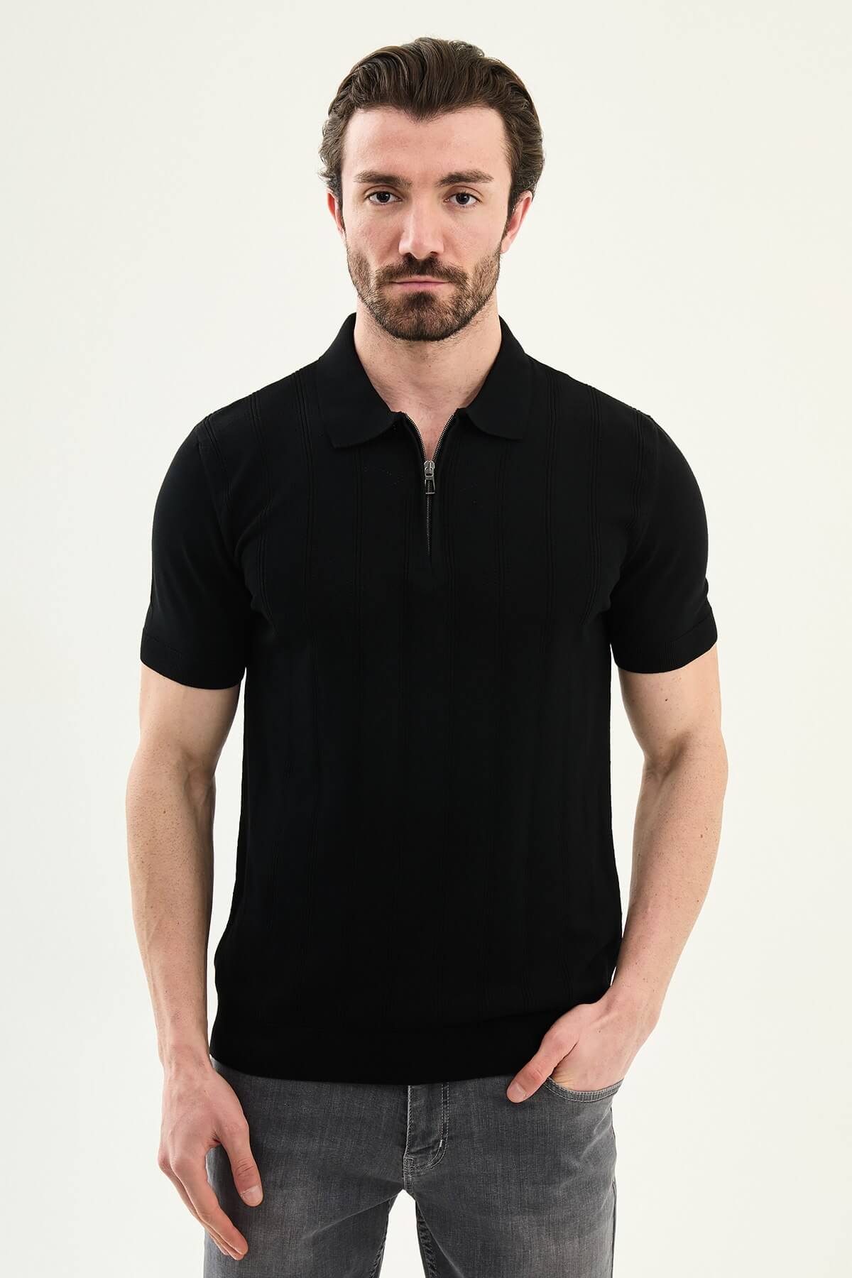 Men’s black textured knit polo shirt with zip collar, slim fit, breathable cotton blend, modern smart casual style