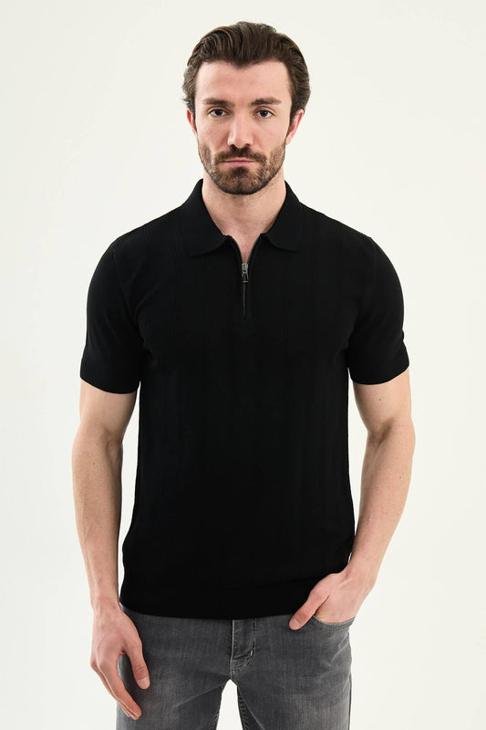 Men’s black textured knit polo shirt with zip collar, slim fit, breathable cotton blend, modern smart casual style