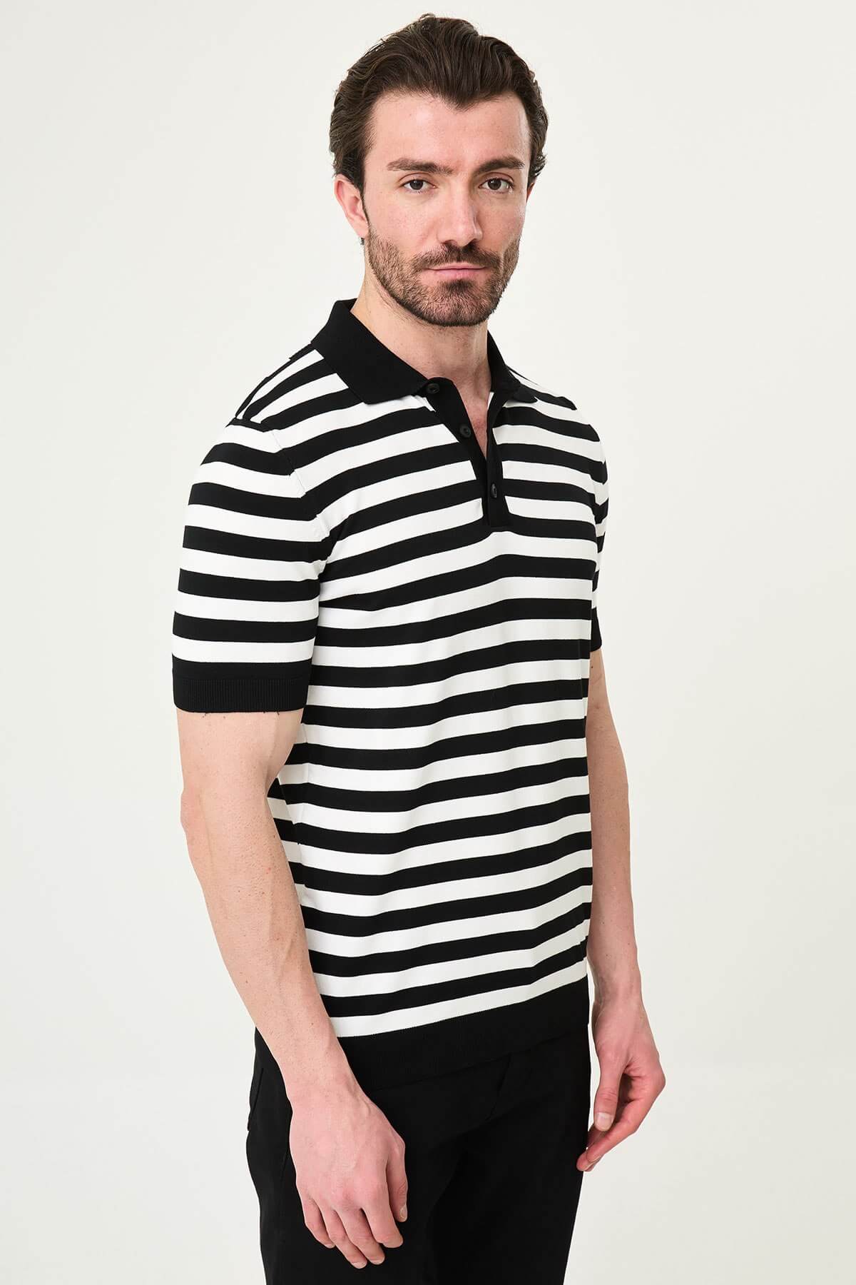 Men’s black and white striped knit polo shirt with short sleeves, slim fit, breathable cotton fabric, smart casual outfit