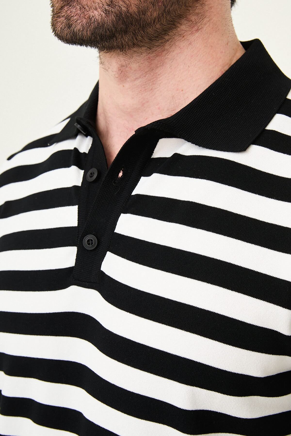 Men’s black and white striped knit polo shirt with short sleeves, slim fit, breathable cotton fabric, smart casual outfit