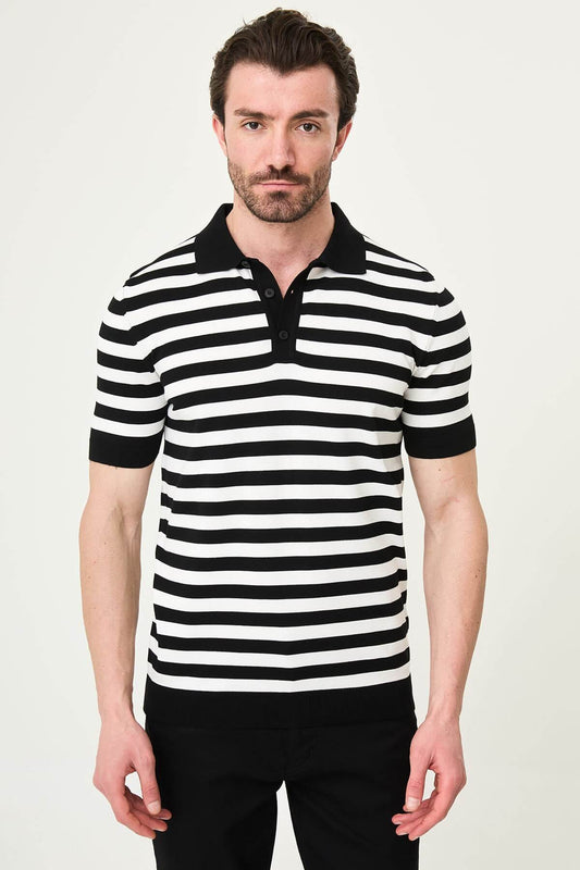Men’s black and white striped knit polo shirt with short sleeves, slim fit, breathable cotton fabric, smart casual outfit
