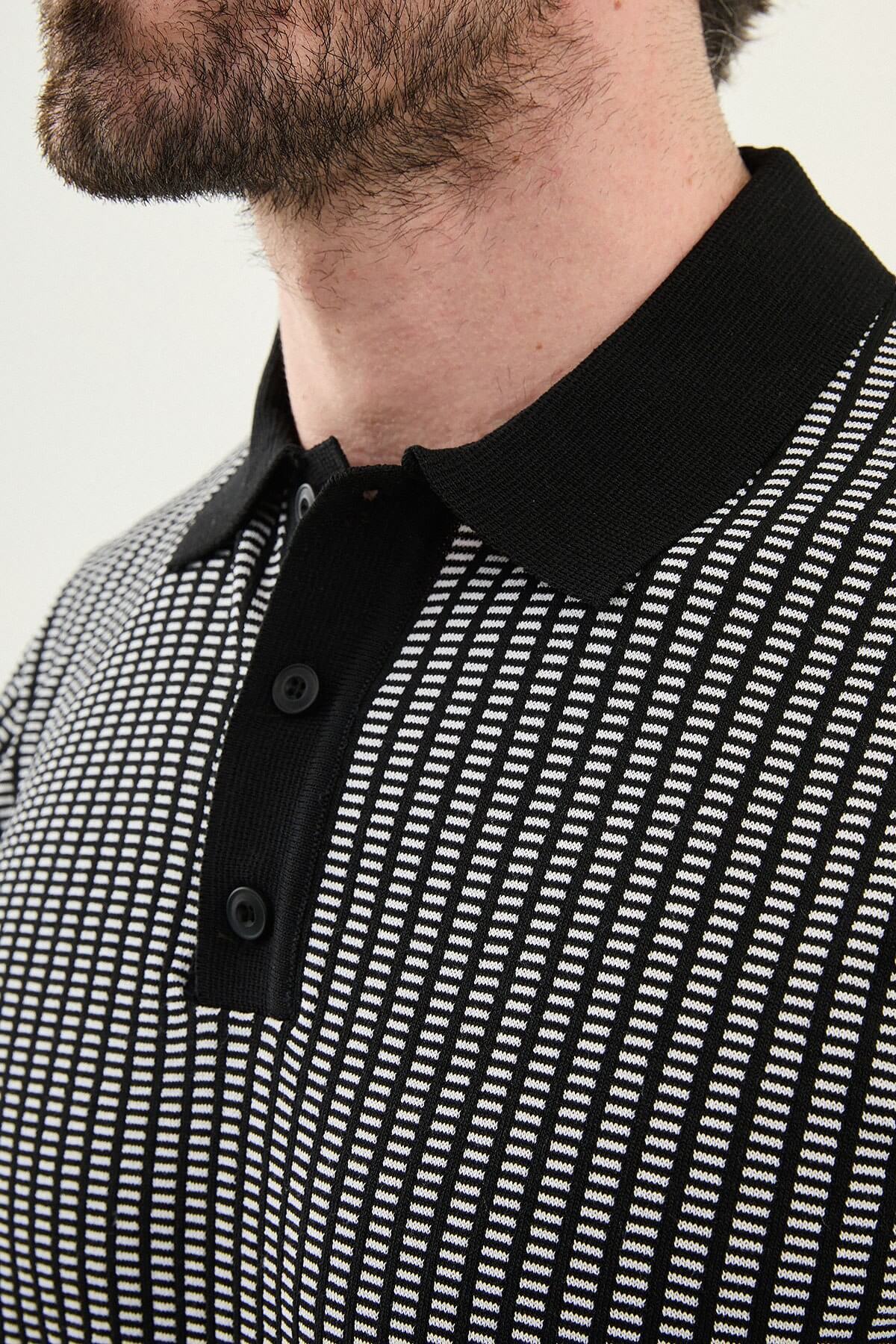 Men’s black slim fit patterned knit polo shirt with contrast collar modern smart casual textured design