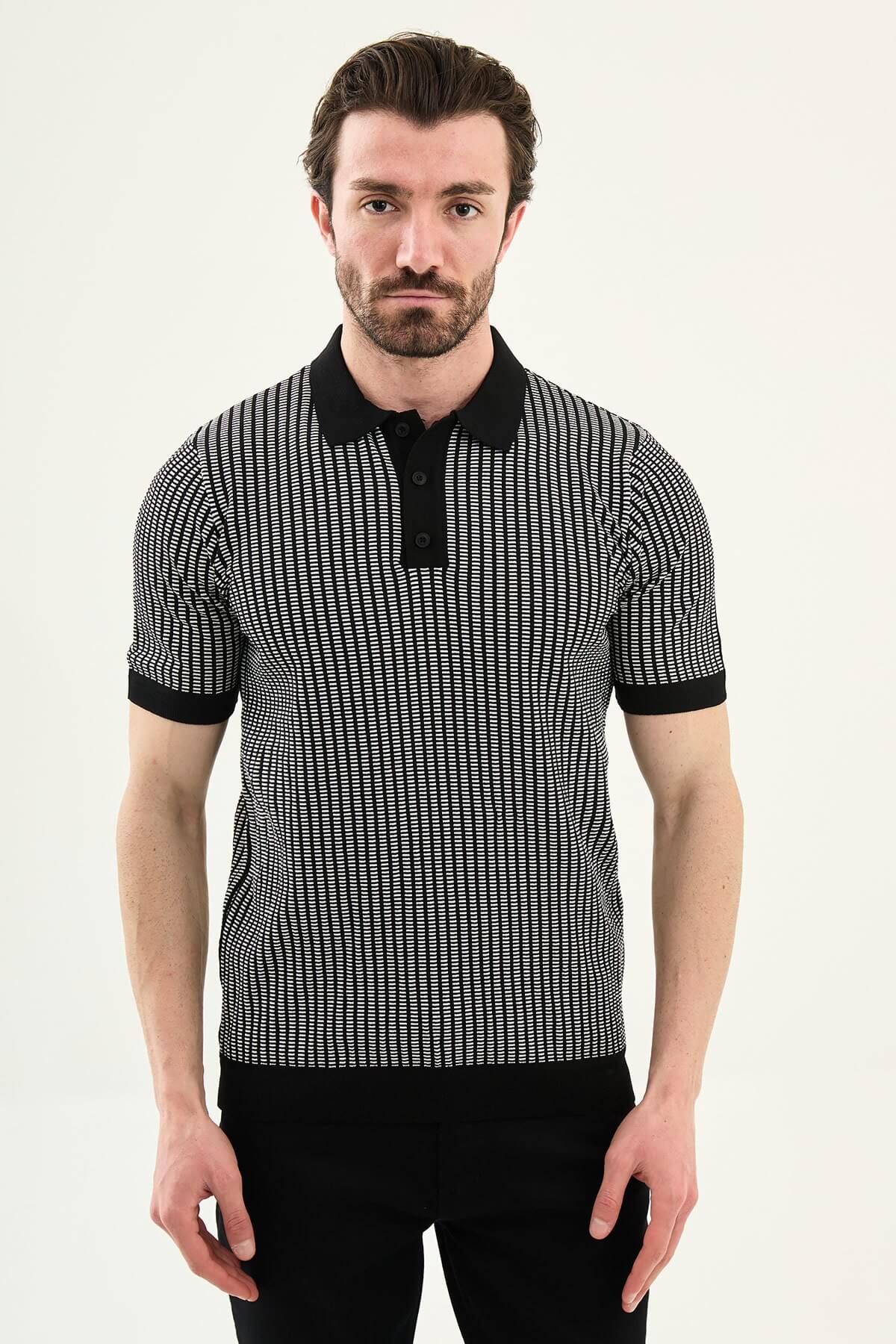 Men’s black slim fit patterned knit polo shirt with contrast collar modern smart casual textured design