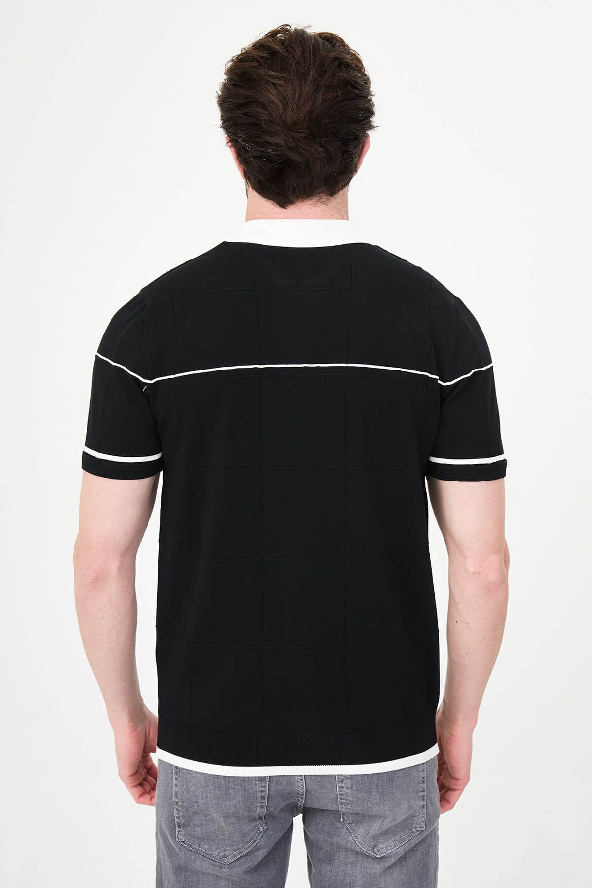 Men’s black slim fit zip-up knit polo T-shirt with white contrast collar and stripes, short sleeves, modern casual style