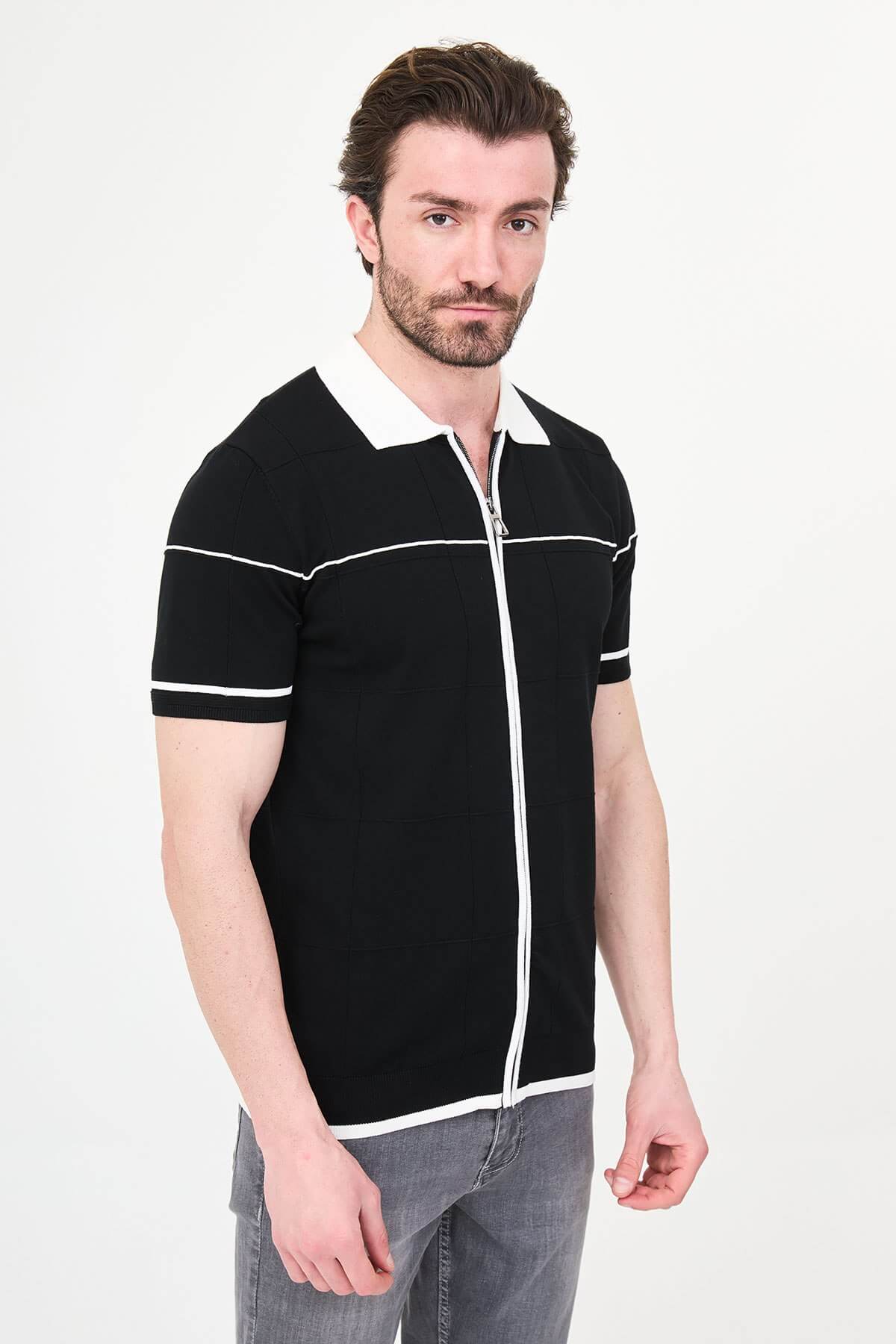 Men’s black slim fit zip-up knit polo T-shirt with white contrast collar and stripes, short sleeves, modern casual style