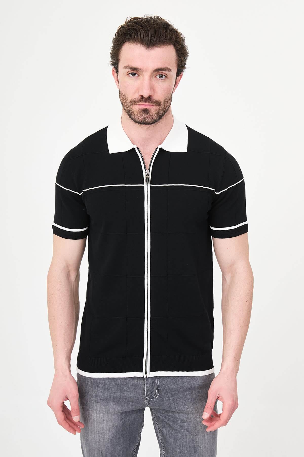 Men’s black slim fit zip-up knit polo T-shirt with white contrast collar and stripes, short sleeves, modern casual style