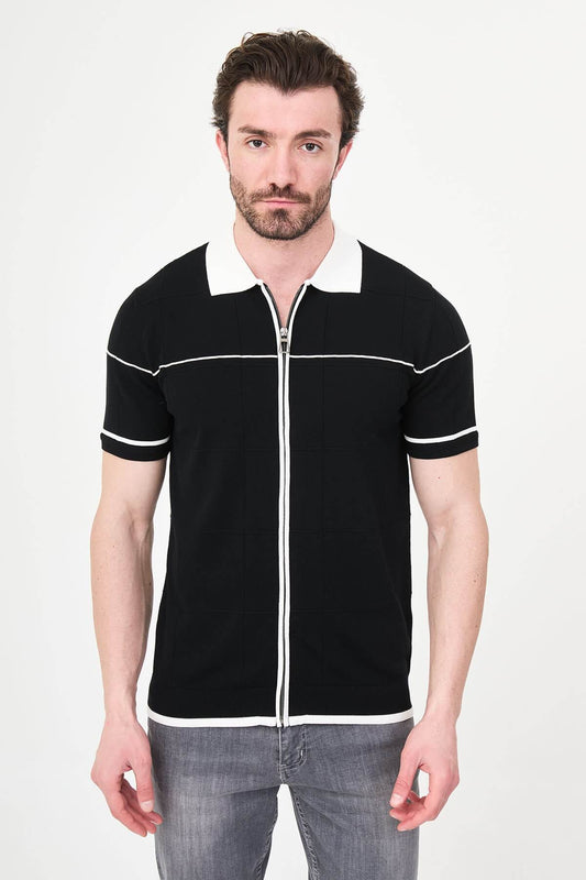 Men’s black slim fit zip-up knit polo T-shirt with white contrast collar and stripes, short sleeves, modern casual style