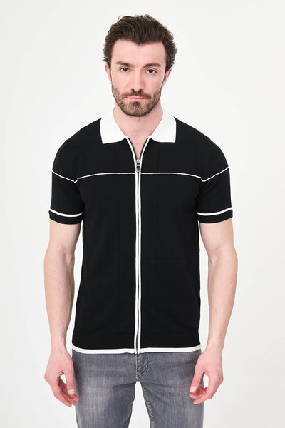 Men's Black Slim Fit Zip-Up Knit Polo T-Shirt – HolloMen