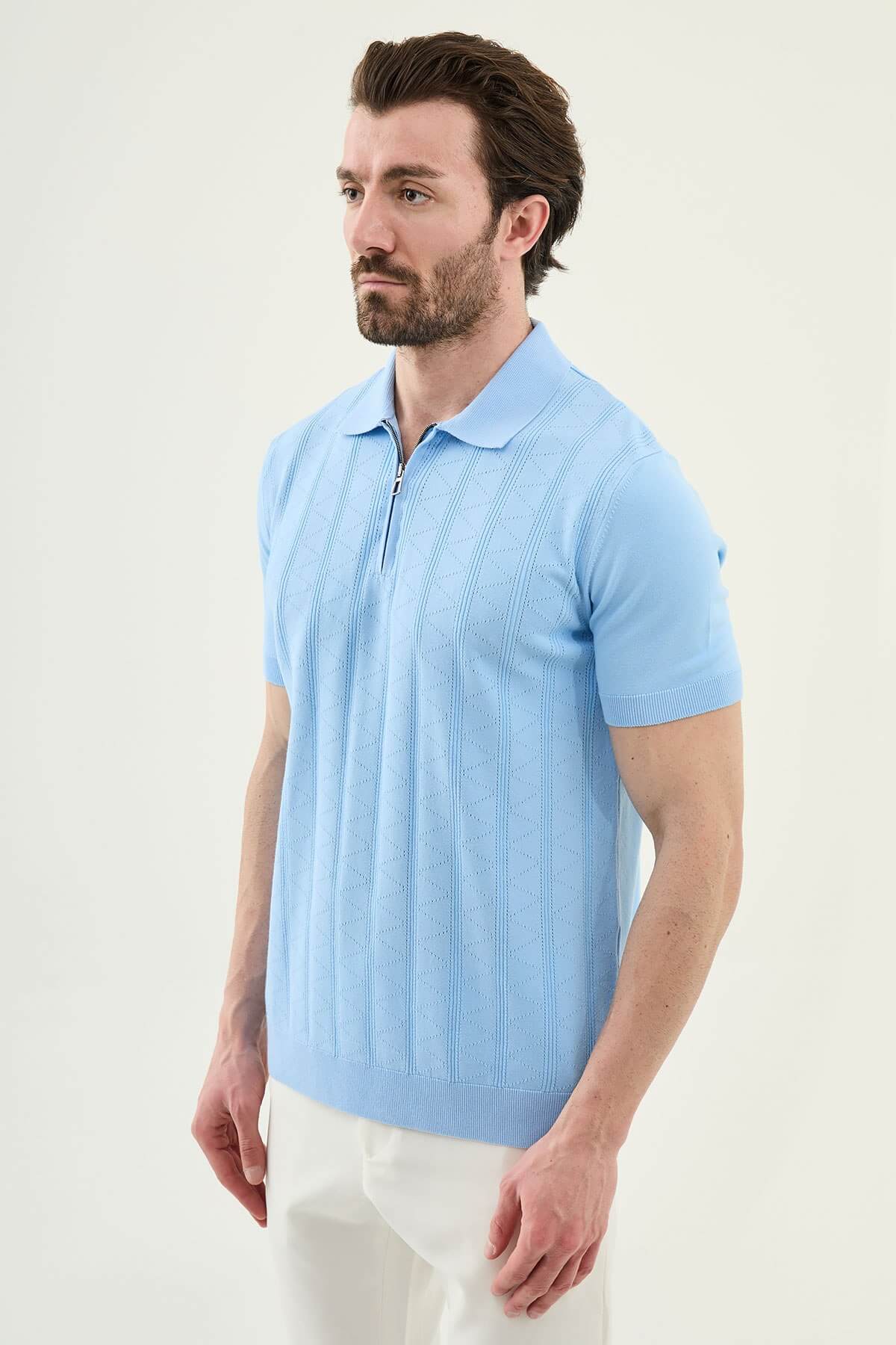 Men’s sky blue textured knit polo shirt with zip collar, slim fit, breathable cotton blend, smart casual summer style