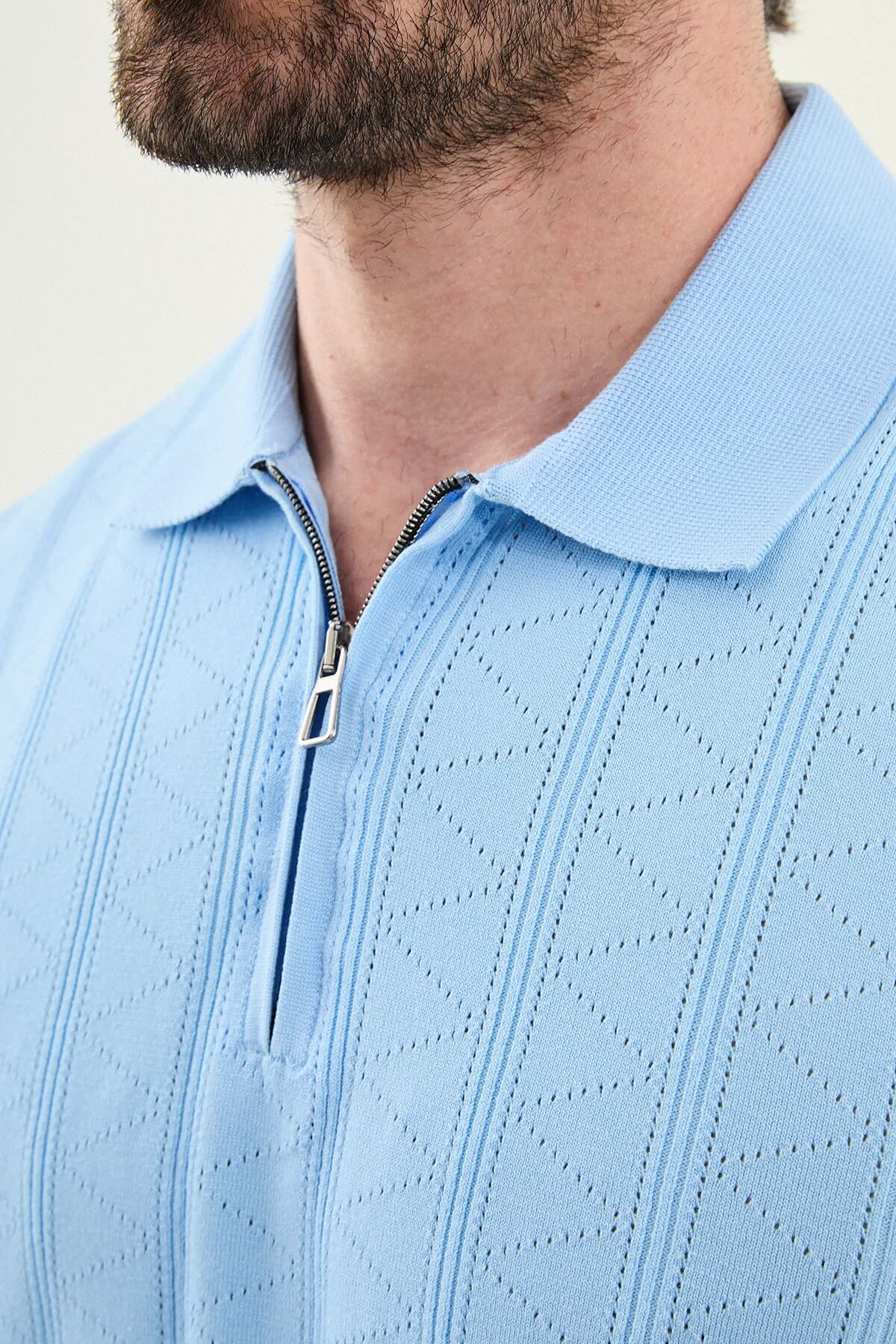 Men’s sky blue textured knit polo shirt with zip collar, slim fit, breathable cotton blend, smart casual summer style